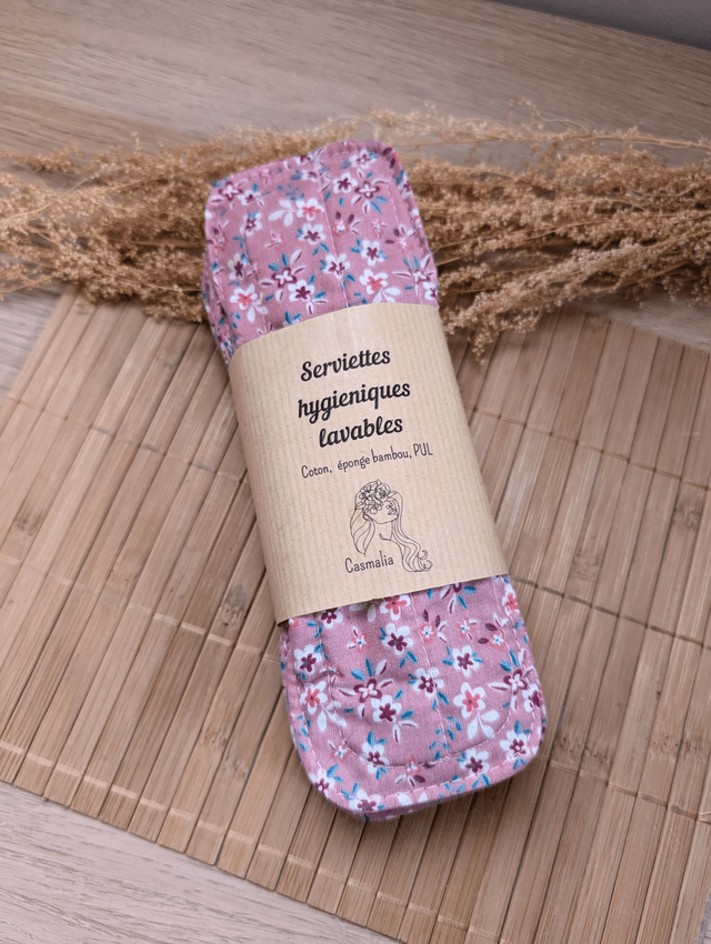 Serviette hygiénique lavable rose fleuri (à l'unité ou en lot de 5)