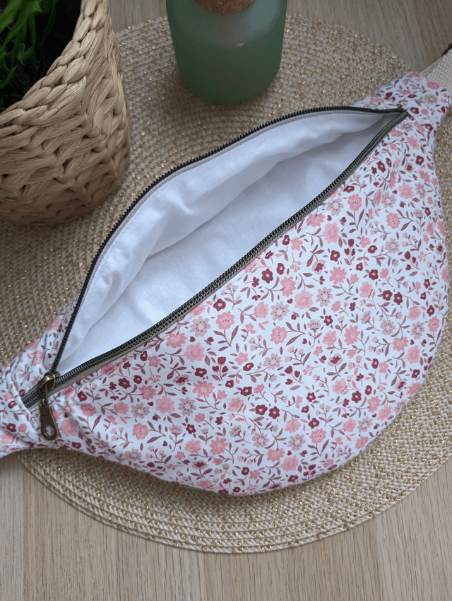 Sac banane femme en tissu fleuri rose