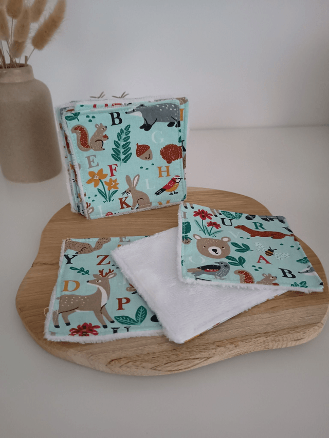 Panier de 10 cotons lavables animaux et alphabet