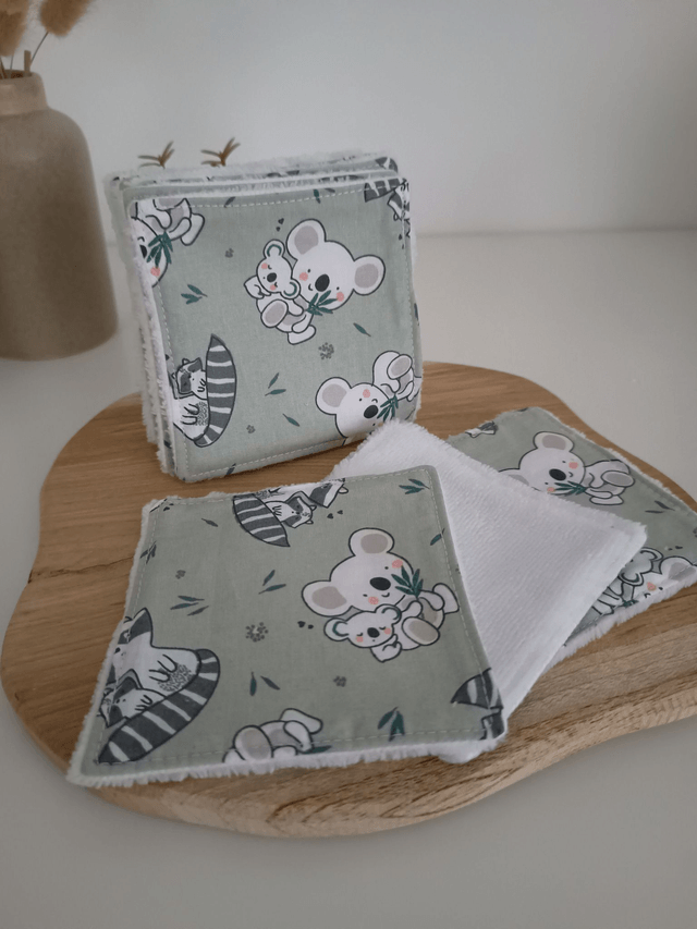 Panier de 10 cotons lavables vert koala et raton laveur