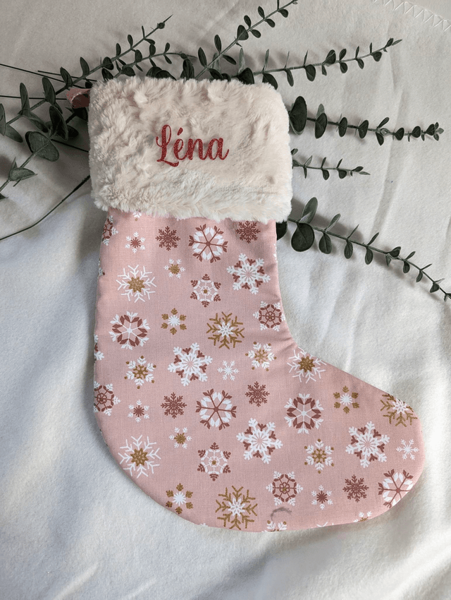 Chaussette de Noël rose flocons personnalisable 