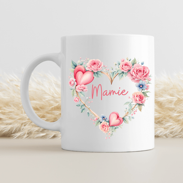 Mug Mamie coeur rose PERSONNALISABLE