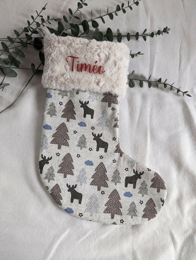 Chaussette de Noël cerfs et sapins personnalisable