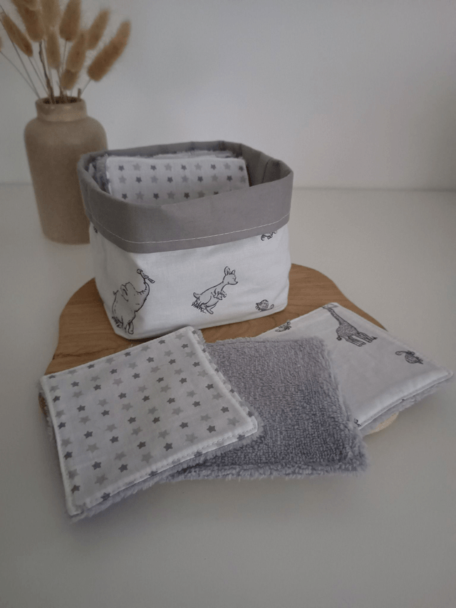 Panier de 10 cotons lavables animaux gris