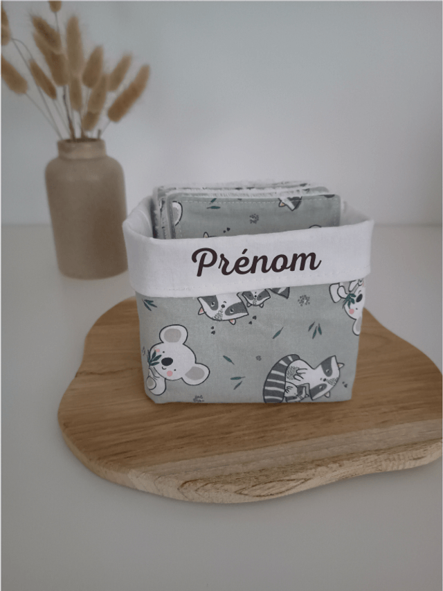 Panier de 10 cotons lavables vert koala et raton laveur