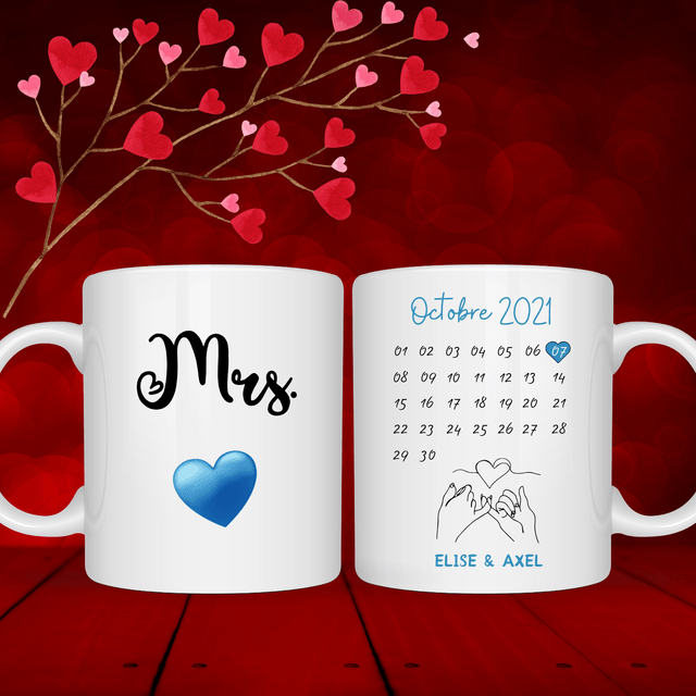 Tasse personnalisée Monsieur ou Madame + calendrier couple  
