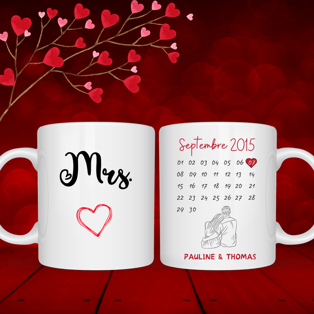 Tasse personnalisée Monsieur ou Madame + calendrier couple 