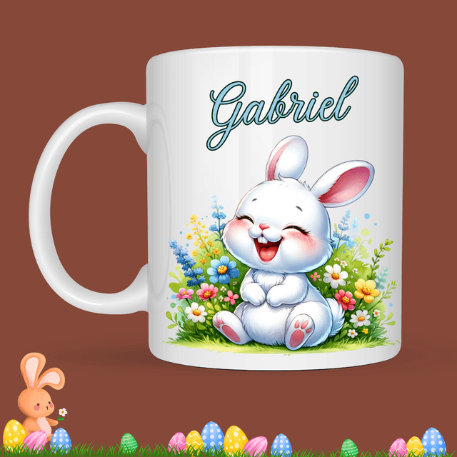 Mug de Pâques &quot;Lapin qui rigole&quot;, prénom au choix 