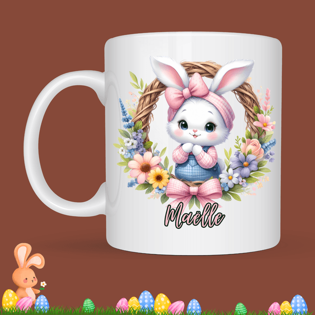 Mug de Pâques &quot;Lapin blanc, fleurs &quot;, prénom au choix  