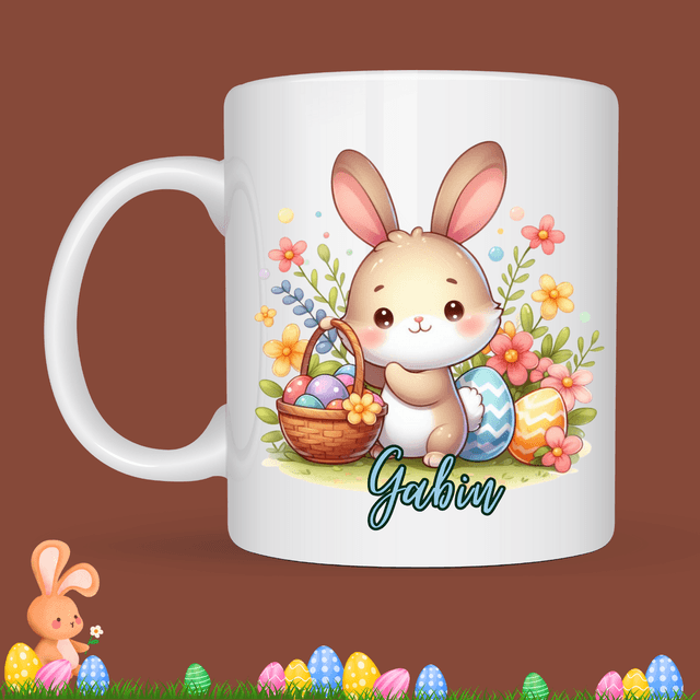 Mug de Pâques &quot;Lapin et son panier&quot;, prénom au choix  