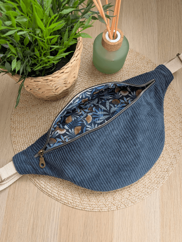 Sac banane femme en velours cotelé bleu canard