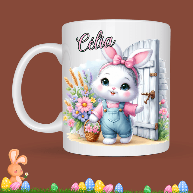 Mug de Pâques &quot;Lapin blanc noeud rose&quot;, prénom au choix  