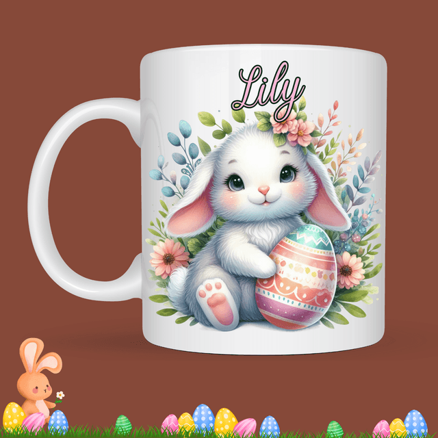 Mug de Pâques &quot;Lapin et son oeuf&quot;, prénom au choix 