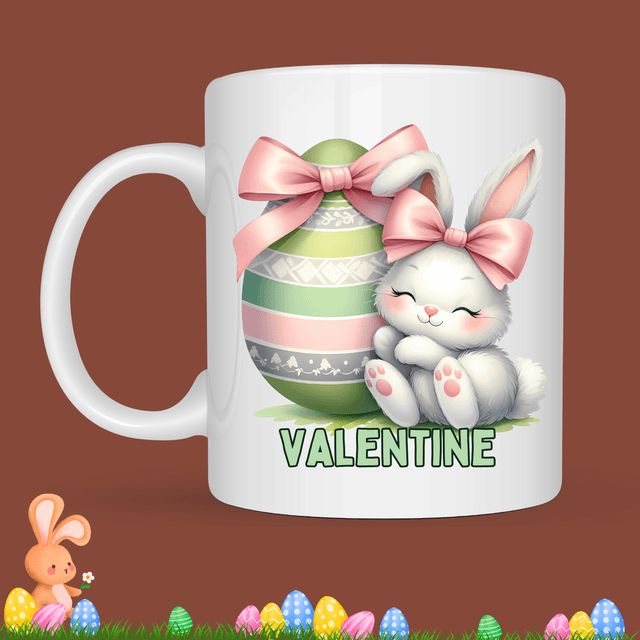 Mug de Pâques &quot;Lapin et son oeuf&quot;, prénom au choix  